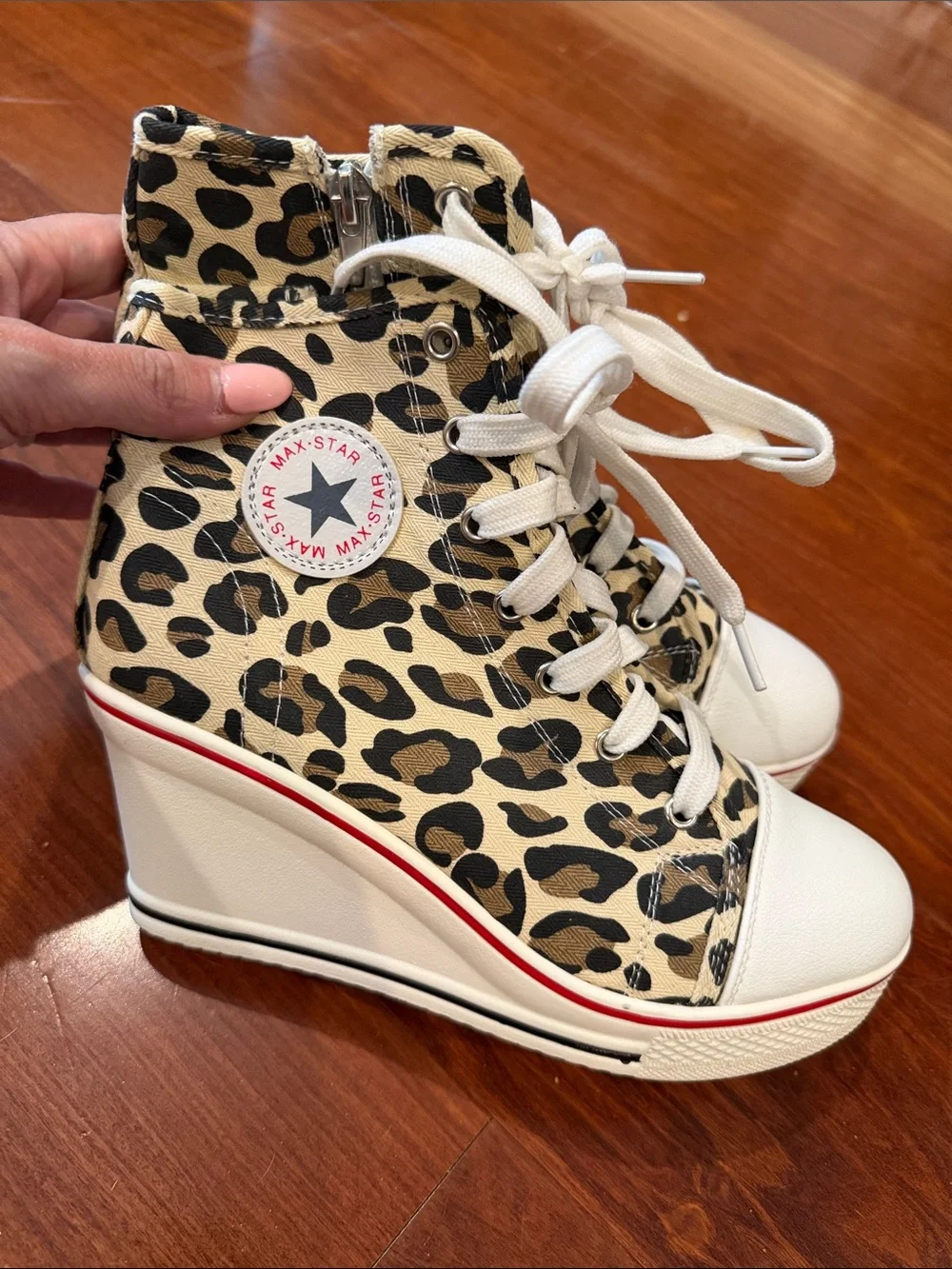 Leopard Print Platform High-Top Sneakers - Beige/Black- Size 38